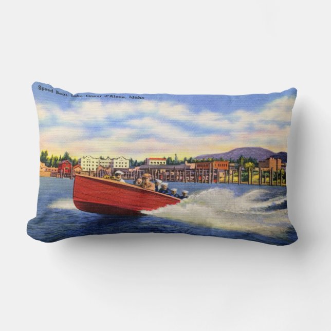 Wooden Speed Boat on Lake Coeur d'Alene, Idaho Lumbar Cushion (Front)