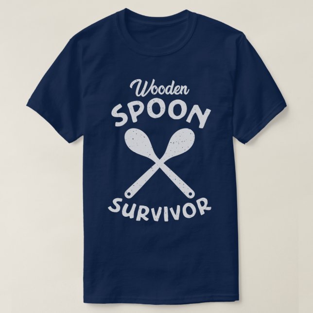 Wooden Spoon Survivor Distressed White Text T-Shirt (Design Front)