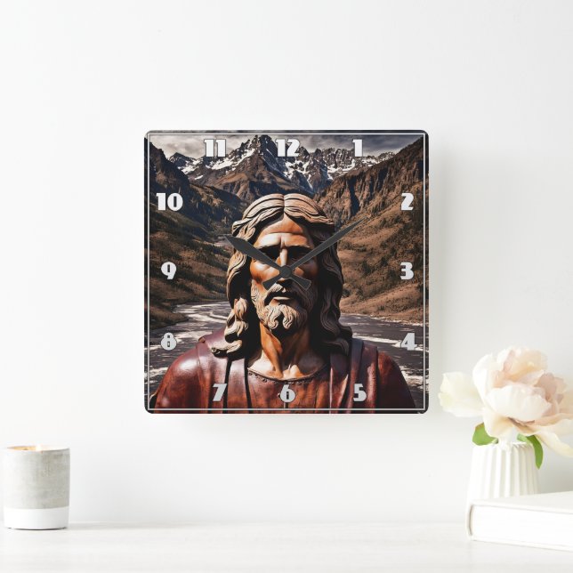 Wooden Statue of Jesus in Mountain Landscape Square Wall Clock (Home)