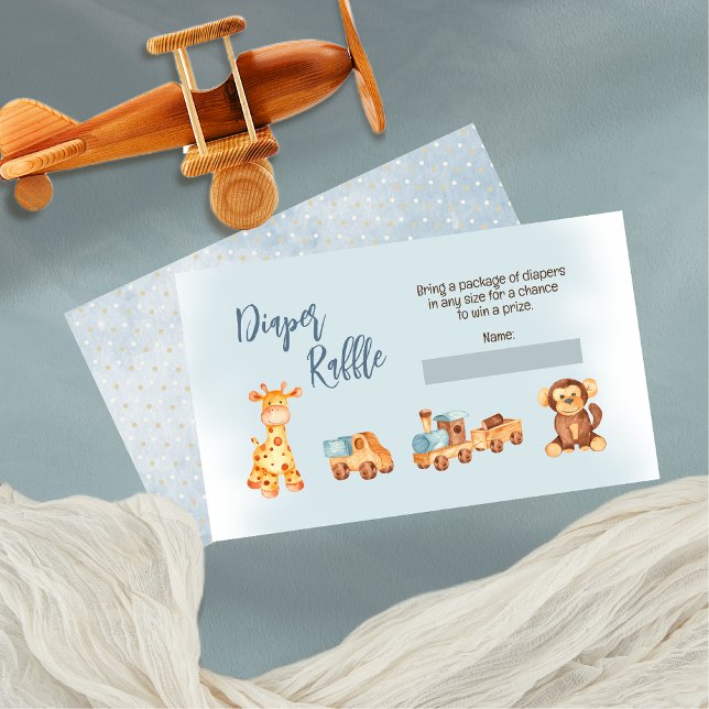 Wooden Stuffed Toys Boy Baby Shower Diaper Raffle Enclosure Card (Wooden and Stuffed Toys Blue Boy Baby Shower "Diaper Raffle" Insert Enclosure Cards)