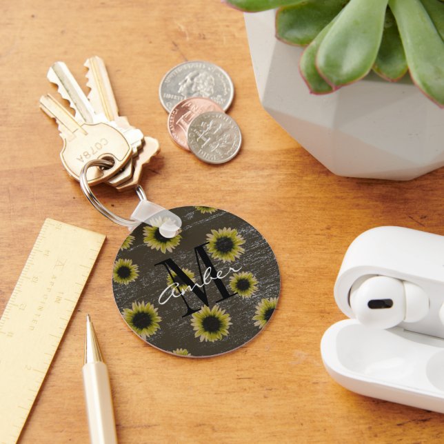 Wooden Sunflower Distressed Pattern Personalised Key Ring (Desk)