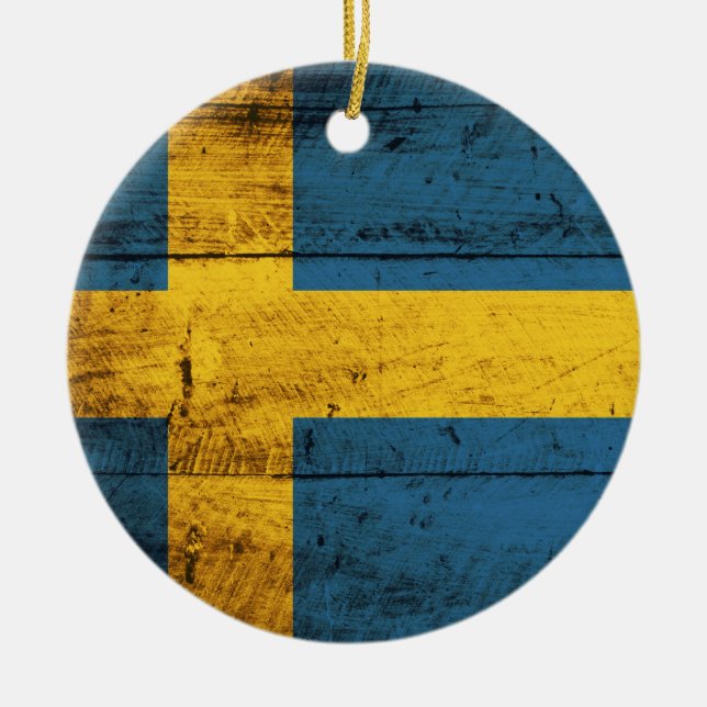 Wooden Sweden Flag Ceramic Tree Decoration (Front)