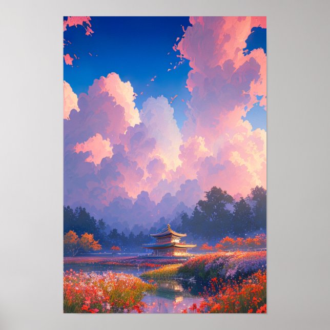 Wooden Temple and Colourful Blooms Poster (Front)