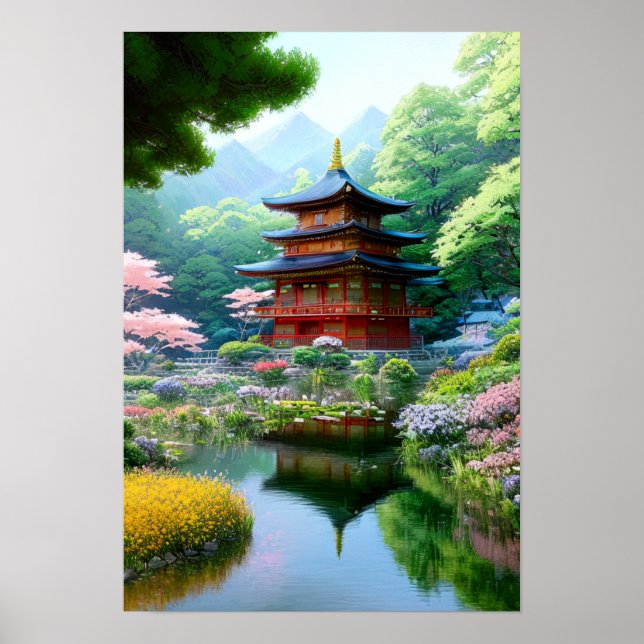 Wooden Temple in Japanese Garden Poster (Front)