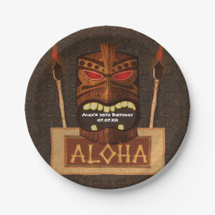 Wooden Tiki Mask Vintage Retro ALOHA Summer Party Paper Plate