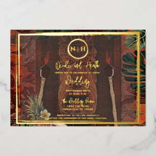 Wooden Tiki Vintage Hawaiian Wedding Photo