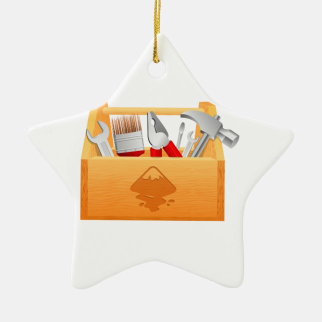 Wooden Toolbox with Tools Ceramic Tree Decoration (Front)