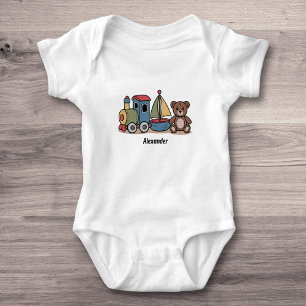 Wooden Toys with train, sailboat, and teddy bear Baby Bodysuit