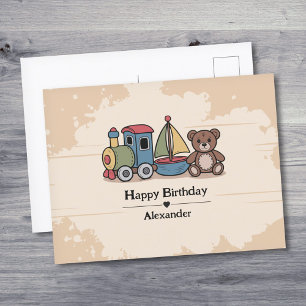 Wooden Toys with train, sailboat, and teddy bear Postcard