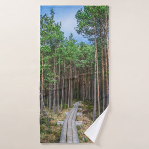 Wooden trail in pine forest bath towel
