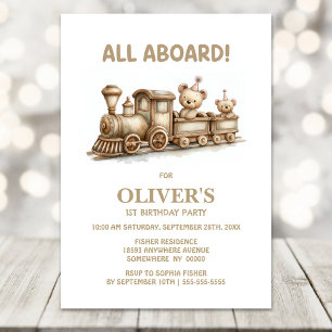 Wooden Train Teddy Bear 1st Birthday Party Invitation