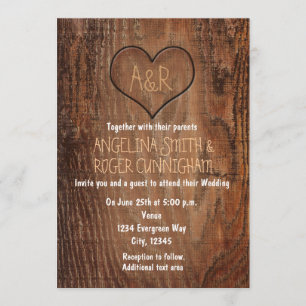 Wooden Tree Carved Heart Rustic Wedding Invitation