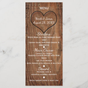 Wooden Tree Carved in Heart Rustic Wedding Menu