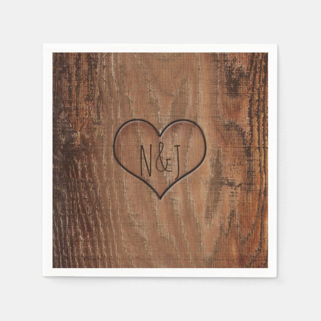 Wooden Tree Carved in Heart Rustic Wedding Napkin (Front)