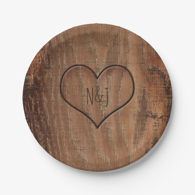 Wooden Tree Carved in Heart Rustic Wedding Plates (Front)
