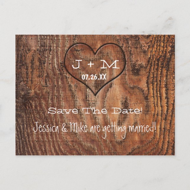 Wooden Tree Trunk Heart Wedding Save Date Postcard (Front)