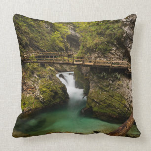 Wooden walkway through Vintgar Gorge canyon Cushion