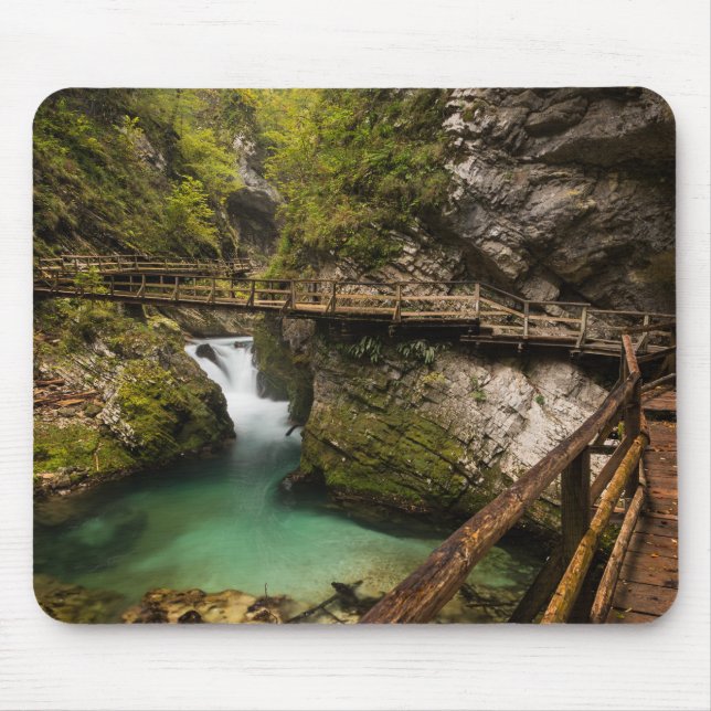 Wooden walkway through Vintgar Gorge canyon Mouse Mat (Front)