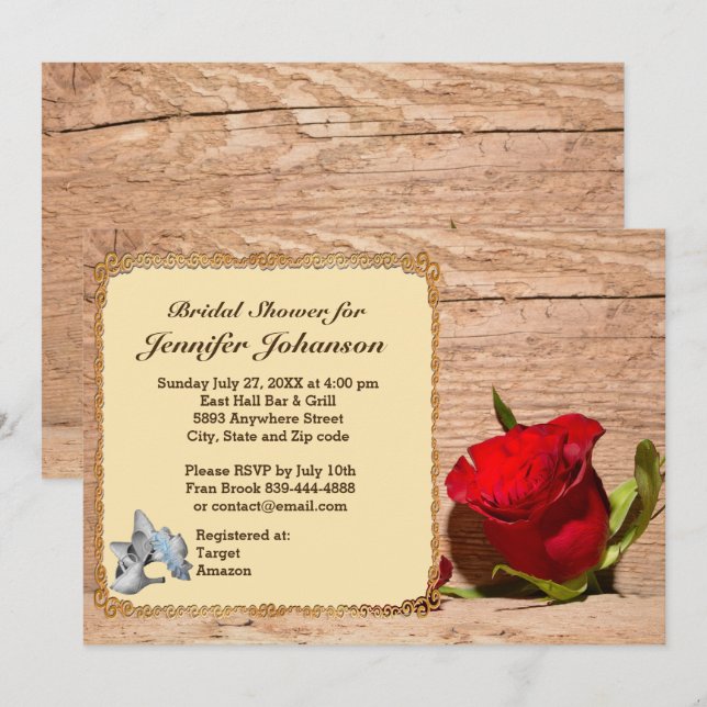 Wooden Wall & Red Rose Bridal Shower Invitation (Front/Back)