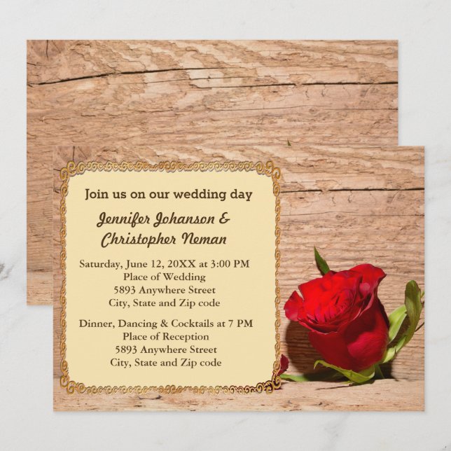 Wooden Wall & Red Rose Wedding Invitation (Front/Back)