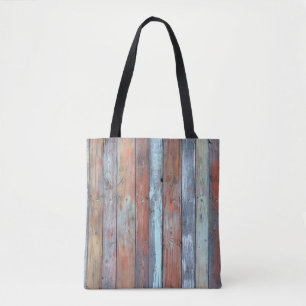 Wooden wall texture, old painted multicolored wood tote bag