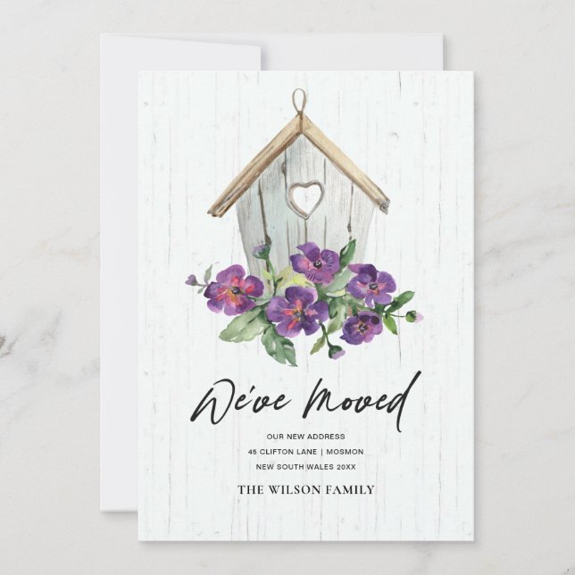 WOODEN WHITE FLORAL BIRD HOUSE MOVING NEW ADDRESS ANNOUNCEMENT (Front)