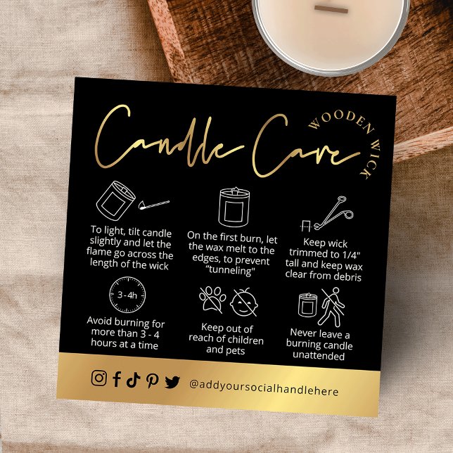 Wooden Wick Candle Black & Gold Logo Safety Card (Black and gold wooden wick candle care cards that will make your candle packaging extra lux)