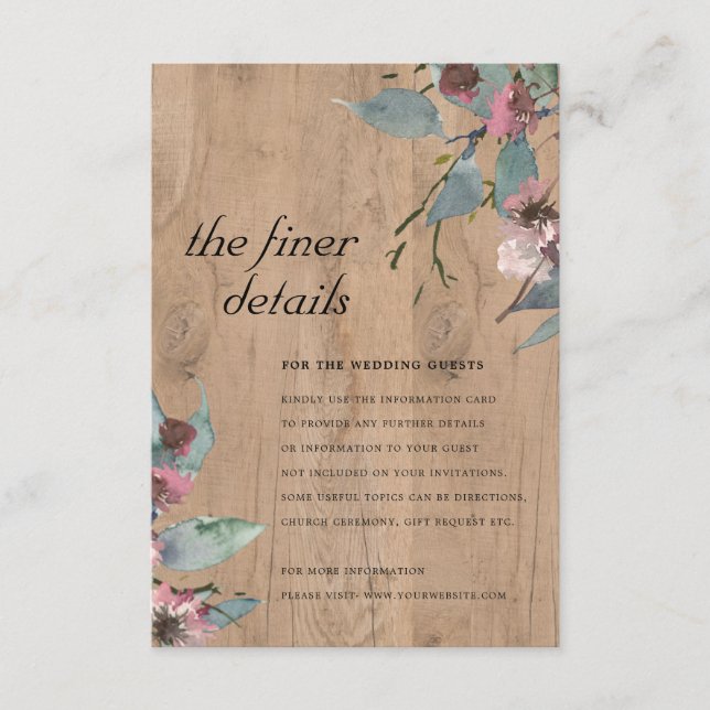Wooden Wild Pink Eucalyptus Floral Wedding Detail  Enclosure Card (Front)
