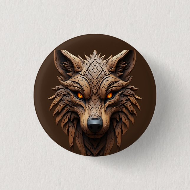 Wooden Wolf Art Carving with Geometric Patterns 3 Cm Round Badge (Front)