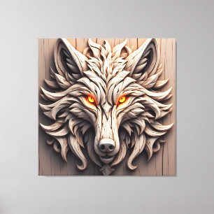 Wooden Wolf Art Carving with Geometric Patterns Canvas Print