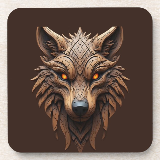 Wooden Wolf Art Carving with Geometric Patterns Coaster (Front)