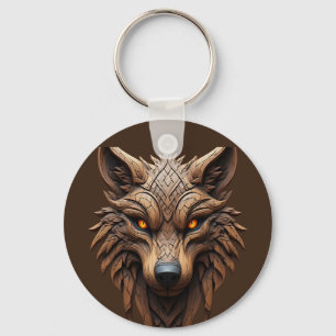 Wooden Wolf Art Carving with Geometric Patterns Key Ring