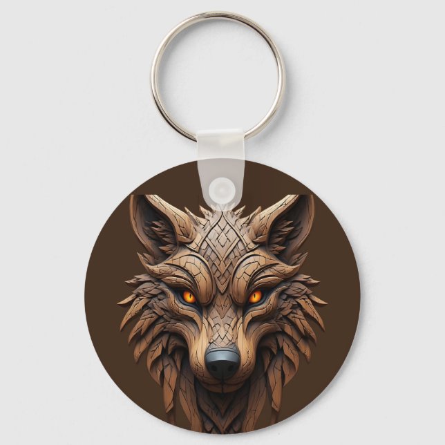 Wooden Wolf Art Carving with Geometric Patterns Key Ring (Front)