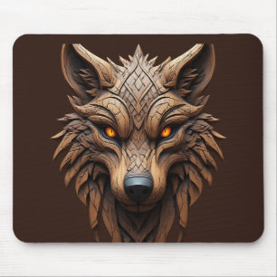 Wooden Wolf Art Carving with Geometric Patterns Mouse Mat