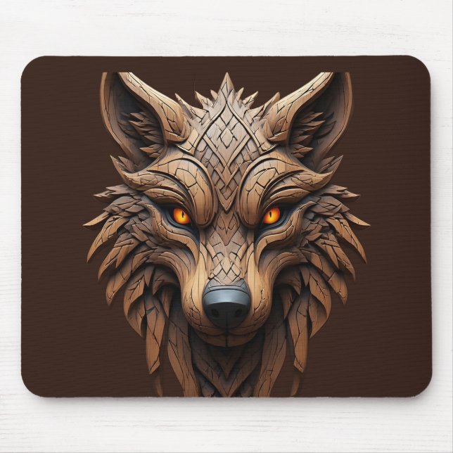 Wooden Wolf Art Carving with Geometric Patterns Mouse Mat (Front)