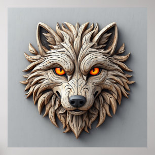 Wooden Wolf Art Carving with Geometric Patterns Poster