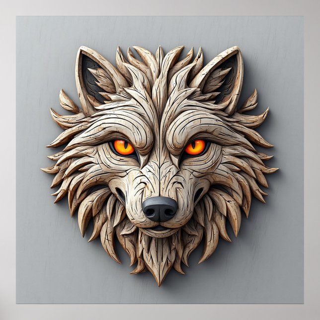 Wooden Wolf Art Carving with Geometric Patterns Poster (Front)
