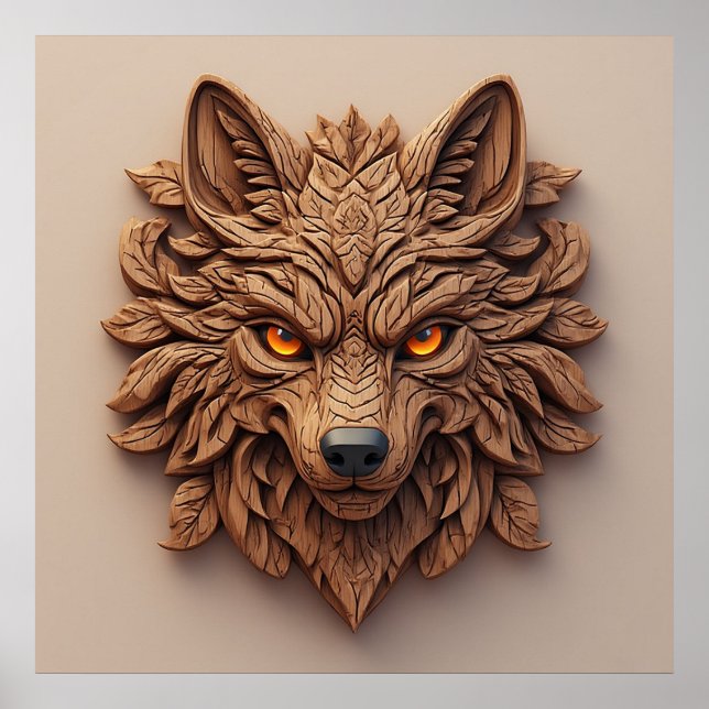 Wooden Wolf Art Carving with Geometric Patterns Poster (Front)