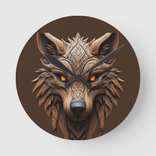 Wooden Wolf Art Carving with Geometric Patterns Round Clock