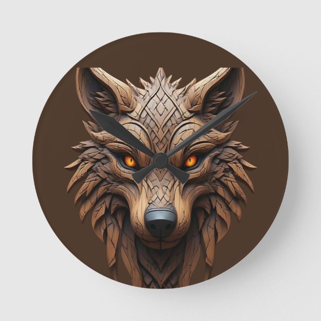 Wooden Wolf Art Carving with Geometric Patterns Round Clock (Front)