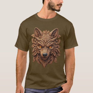 Wooden Wolf Art Carving with Geometric Patterns T-Shirt