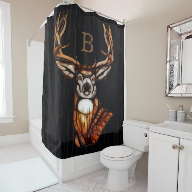 Wooden Wood Deer Rustic Country Personalised Shower Curtain (In Situ)