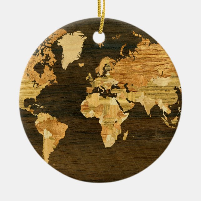 Wooden World Map Ceramic Tree Decoration (Front)