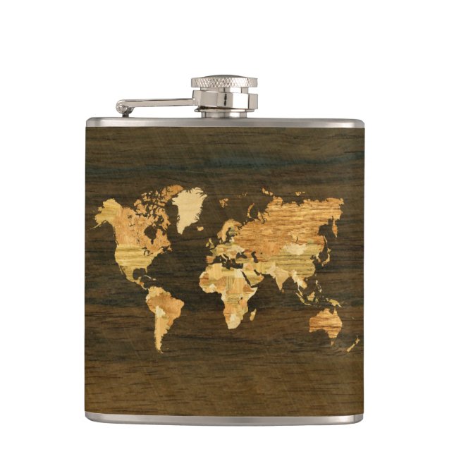 Wooden World Map Hip Flask (Front)