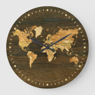 Wooden World Map Large Clock