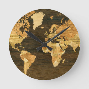 Wooden World Map Round Clock