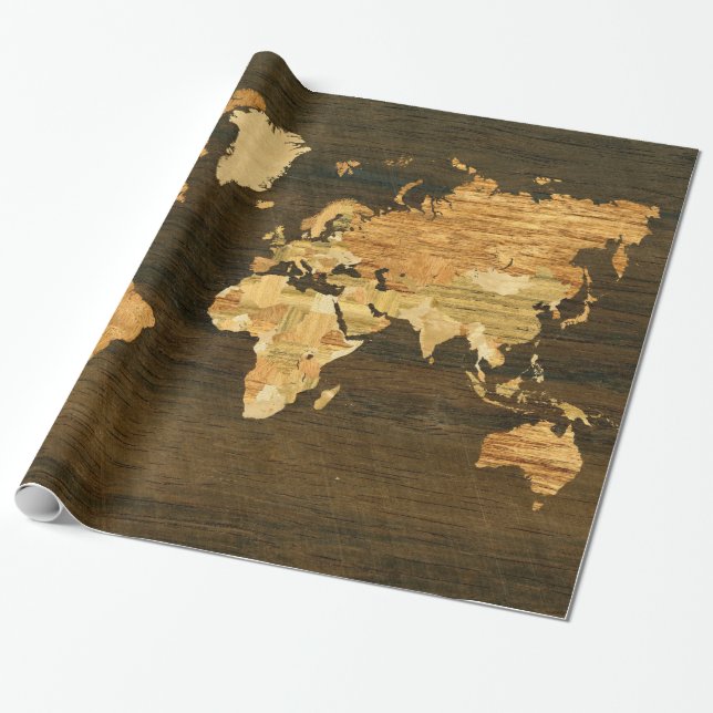 Wooden World Map Wrapping Paper (Unrolled)
