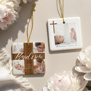 Woodgrain Baptism Calligraphy Photo Collage Baby Ceramic Ornament
