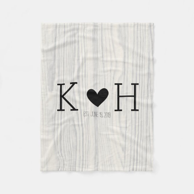 Woodgrain Couple's Initials Personalised Wedding Fleece Blanket (Front)