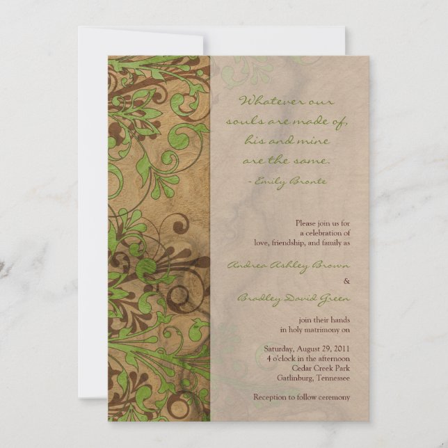 Woodgrain Floral Green Wedding Invitation (Front)